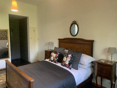 Saint-AmandLes Rouges Terres Gites - La Laterie的一间卧室配有带枕头和镜子的床