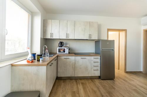 布拉格Home Le Fame的厨房配有白色橱柜和不锈钢冰箱