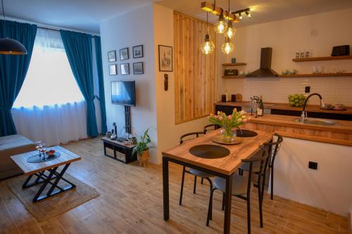 弗尔沙茨Dream Apartment Vršac的厨房以及带桌椅的起居室。