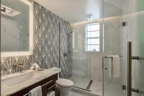 迈阿密海滩南海滩布里克沃特酒店的浴室配有盥洗盆、卫生间和淋浴。