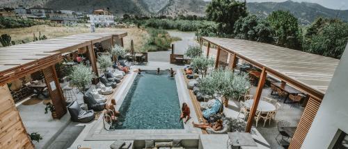 阿默达拉-伊拉克利翁Ikaros Suites的游泳池的顶部景色,周围的人坐在游泳池周围