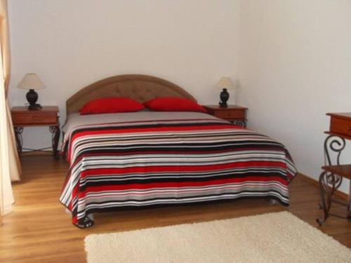 多布拉沃达Guest House del Mare的一间卧室配有一张床,床上有条纹毯子