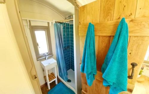 瓦伊河畔海伊Pen Bryn Shepherd Hut的浴室墙上挂着蓝色毛巾