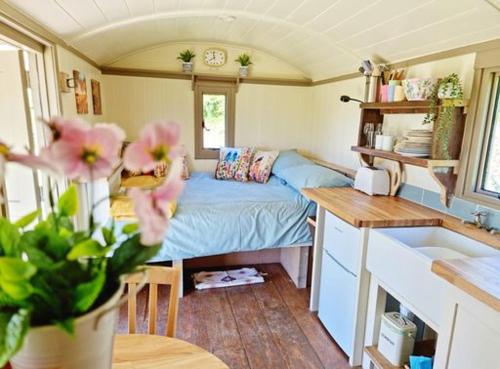 瓦伊河畔海伊Pen Bryn Shepherd Hut的客房设有一张床和一个带水槽的厨房