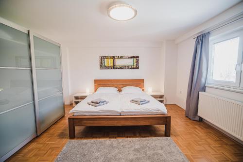 斯洛文尼亚科尼采Apartment pri Povhih的一间卧室设有一张床和一个大窗户