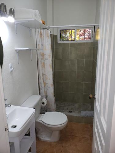 拉塞瓦Paradise Found的浴室配有卫生间、盥洗盆和淋浴。
