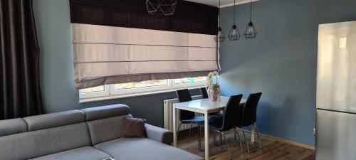 凯尔采Apartament Panoramiczna的带沙发、桌子和窗户的客厅