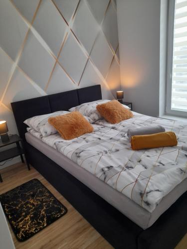 巴尔托希采Apartamenty Bartoszyce 2的卧室内的一张床位,配有两个枕头