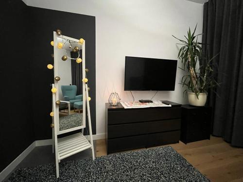 琴斯托霍瓦Przytulny Apartament w Centrum的一间设有镜子和带电视的梳妆台的房间