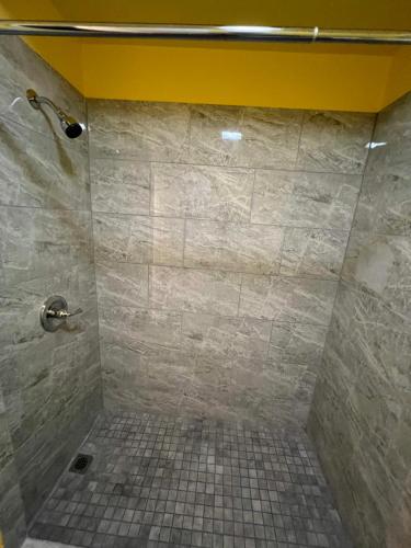 FayetteDragon INN & Suites的带淋浴的浴室,铺有瓷砖地板。