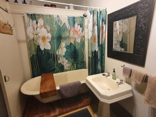 JagganGarden Studio的一间带水槽和淋浴帘的浴室