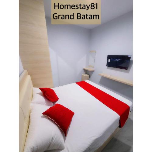 名古屋Homestay 81 Grand Batam的一间卧室配有一张带红色枕头的床和一台电视。