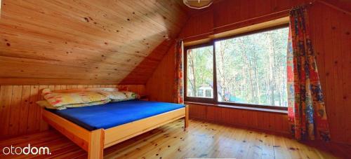 KlocekDom całoroczny w Borach Tucholskich的小木屋内的一张床位,设有窗户