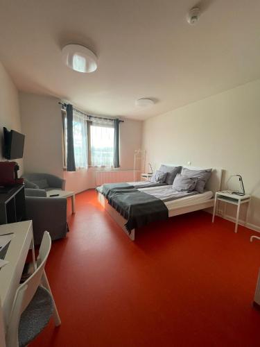 因河畔布劳瑙SOVEA Hotel - Braunau的一间卧室配有一张大床和一张沙发