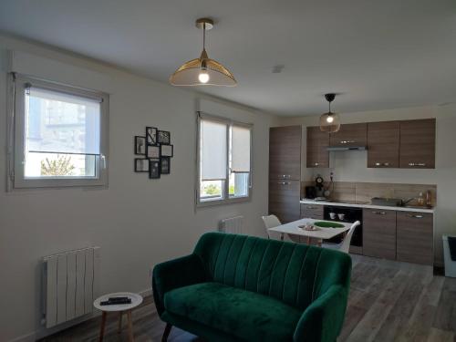布雷斯特Calme et charmant T1 bis的一间带绿色沙发的客厅和一间厨房