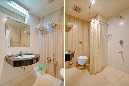 Fort KochiThe Fort Manor Hotel - Kochi Kerala的浴室设有水槽和卫生间,两幅图片