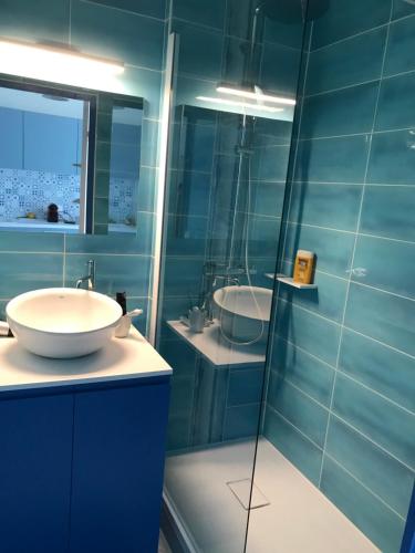 拉格朗德默特Appartement classé, vue mer, clim, wifi, parking的蓝色的浴室设有水槽和镜子