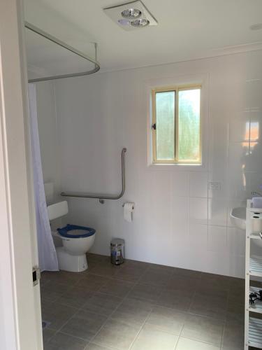 MerriwaMerriwa Golden Fleece Motor Inn & Lodge incorporating Merriwa Motor Inn & Motel的白色的浴室设有卫生间和窗户。