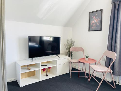 腓特烈港aday - Frederikshavn City Center - Room 2的客厅配有电视和2把粉红色椅子