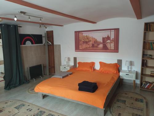锡比乌Atia Residence的一间卧室配有一张带橙色毯子的大床