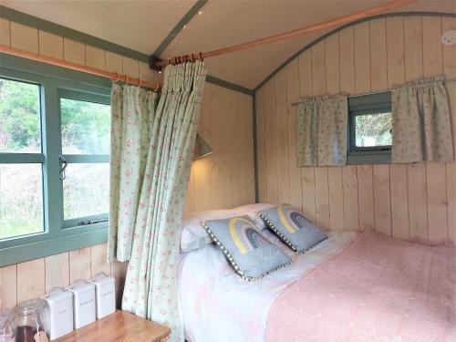 昆布兰Usk Valley Shepherd's Hut的一间设有床铺的卧室,位于带窗户的房间内