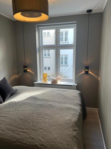 哥本哈根Luxury new apartment - Heart of Copenhagen的一间卧室设有一张床和一个窗口
