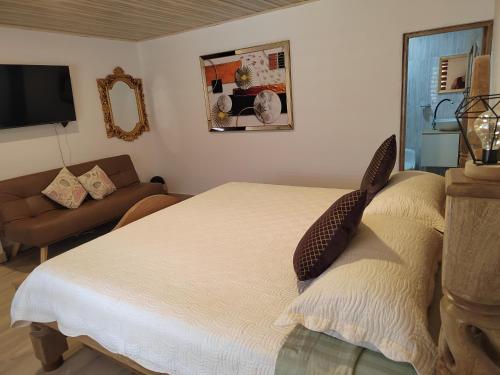 圣安德烈斯Aparta Suite Villa Roko的一间卧室配有一张床、一张沙发和一台电视