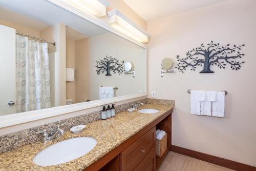 DoverGrand Summit Resort的一间带两个盥洗盆和大镜子的浴室