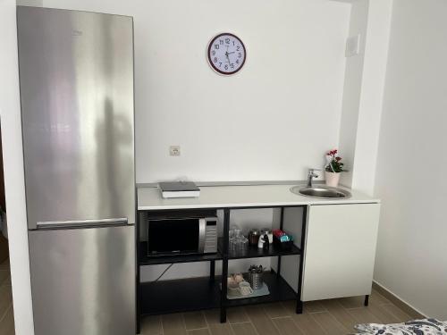 康斯坦察Zeini - Garsoniera Constanta的厨房配有柜台和冰箱。