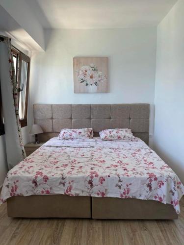 萨摩斯Maria's room的一间卧室配有一张带粉红色花卉的大床
