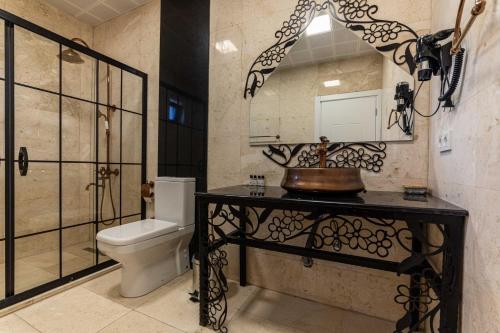 塞利米耶Selimiye Lime Garden的一间带卫生间、水槽和镜子的浴室