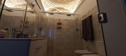 奥良Casa Do Pescador的带淋浴、卫生间和盥洗盆的浴室