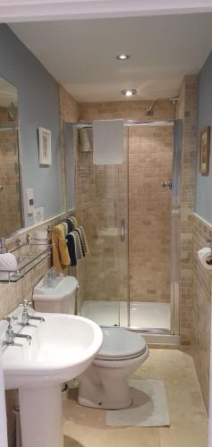 斯托昂泽沃尔德酸橙旅馆的带淋浴、卫生间和盥洗盆的浴室