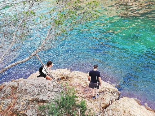 滨海托萨Mana Mana Youth Hostel的两个人站在水边的岩石上