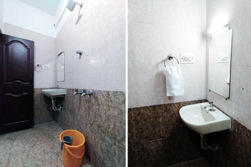钦奈Royal Green Residency Chennai Airport的浴室的两张照片,配有水槽和镜子
