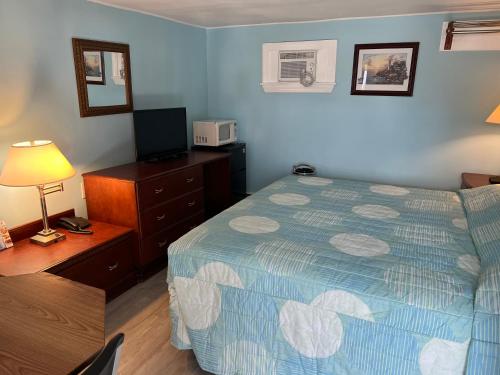 萨默斯波因特萨默斯浦银特超值汽车旅馆套房酒店的一间卧室配有一张床、梳妆台和电视。