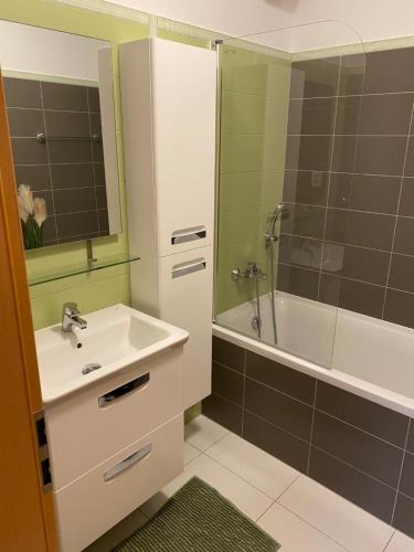 特热邦APARTMÁN LUŽNICE TŘEBOŇ的浴室配有水槽、淋浴和浴缸。
