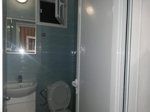 辛尼莫雷特Blue summer villa的一间带卫生间和水槽的小浴室