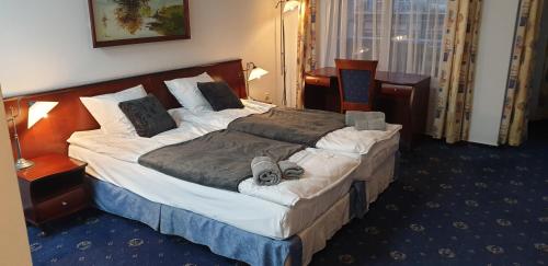 科沃布热格M-Apartamenty w Hotelu Polonia的一张大床,位于酒店房间,里面放着一只狗
