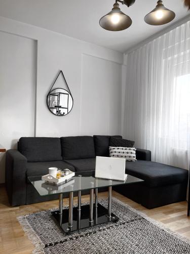 普里什蒂纳Pristina City Apartment的客厅配有沙发和带笔记本电脑的桌子