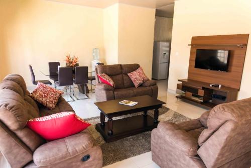 卢萨卡Luxurious Chimwemwe II - Kat-Onga Apartments的客厅配有2张沙发和1台平面电视