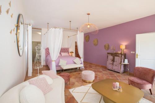 穆里耶Mas l aigo claro的儿童卧室配有天蓬床和粉红色家具