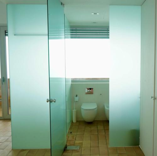 萨阿拉德洛斯阿图内斯Iris Zahara的一间带卫生间和玻璃门的浴室
