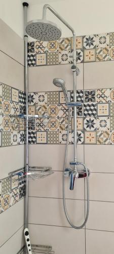 佩兹纳斯Cosy Studio 7 Pézenas的浴室的墙壁上设有瓷砖,浴室内则设有淋浴。