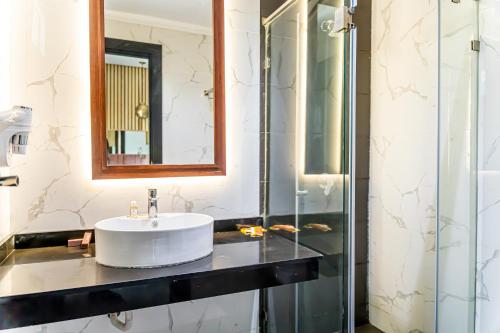 卡萨布兰卡Hotel Les Ambassadeurs的一间带水槽和玻璃淋浴的浴室