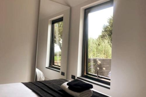 MarldonThe Cabin at Barnstormers, luxury woodland setting的一间卧室设有2扇窗户和1张美景床。