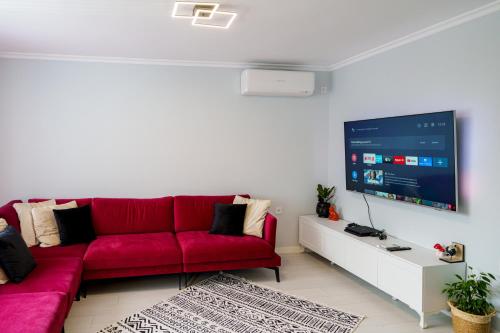 ArdinoLoft Apartment with a great view of Ardino的客厅配有红色沙发和大屏幕电视