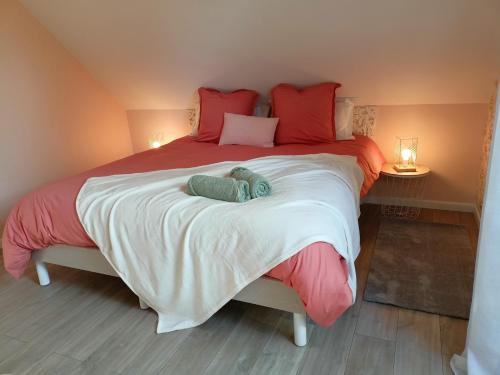 VerlinghemLes chambres d'hôtes DU VERT GALANT " l'Allée des champs"的一间卧室配有一张带红色枕头的大床