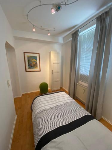 巴特拉斯费Ferienwohnung Bad Laasphe Altstadt的卧室配有一张带绿椅的床,靠窗