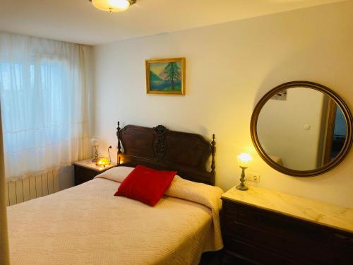 卢凯内纳-德拉斯托雷斯Alojamiento rural Los Pérez Lucainena de las Torres的一间卧室配有一张带红色枕头和镜子的床
